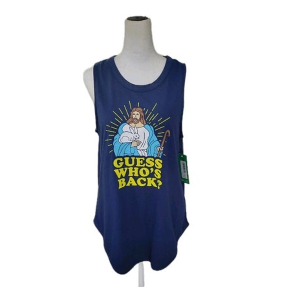 Tipsy Elves Guess Who's Back Tank‎ Top Women's L Navy Blue Religious Jesus - NEW
